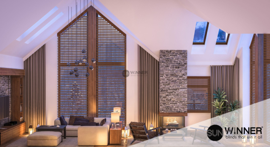 3D rendering of cozy living room on cold winter night in the mountains, evening interior of chalet decorated with candles, fireplace fills the room with warmth.
